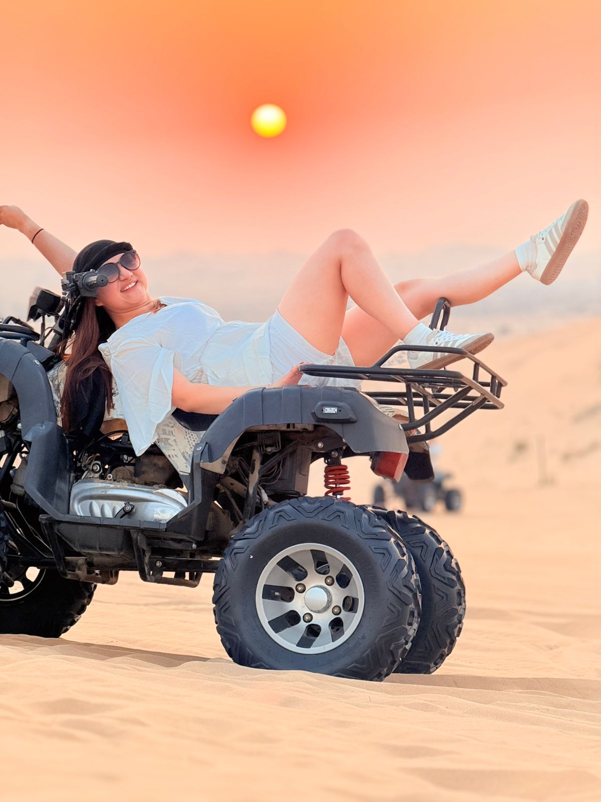 A group of excited tourists embarking on a classic desert safari adventure in Dubai