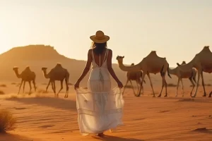 Tourists enjoying camel rides in the Abu Dhabi desert during a sunset safari.